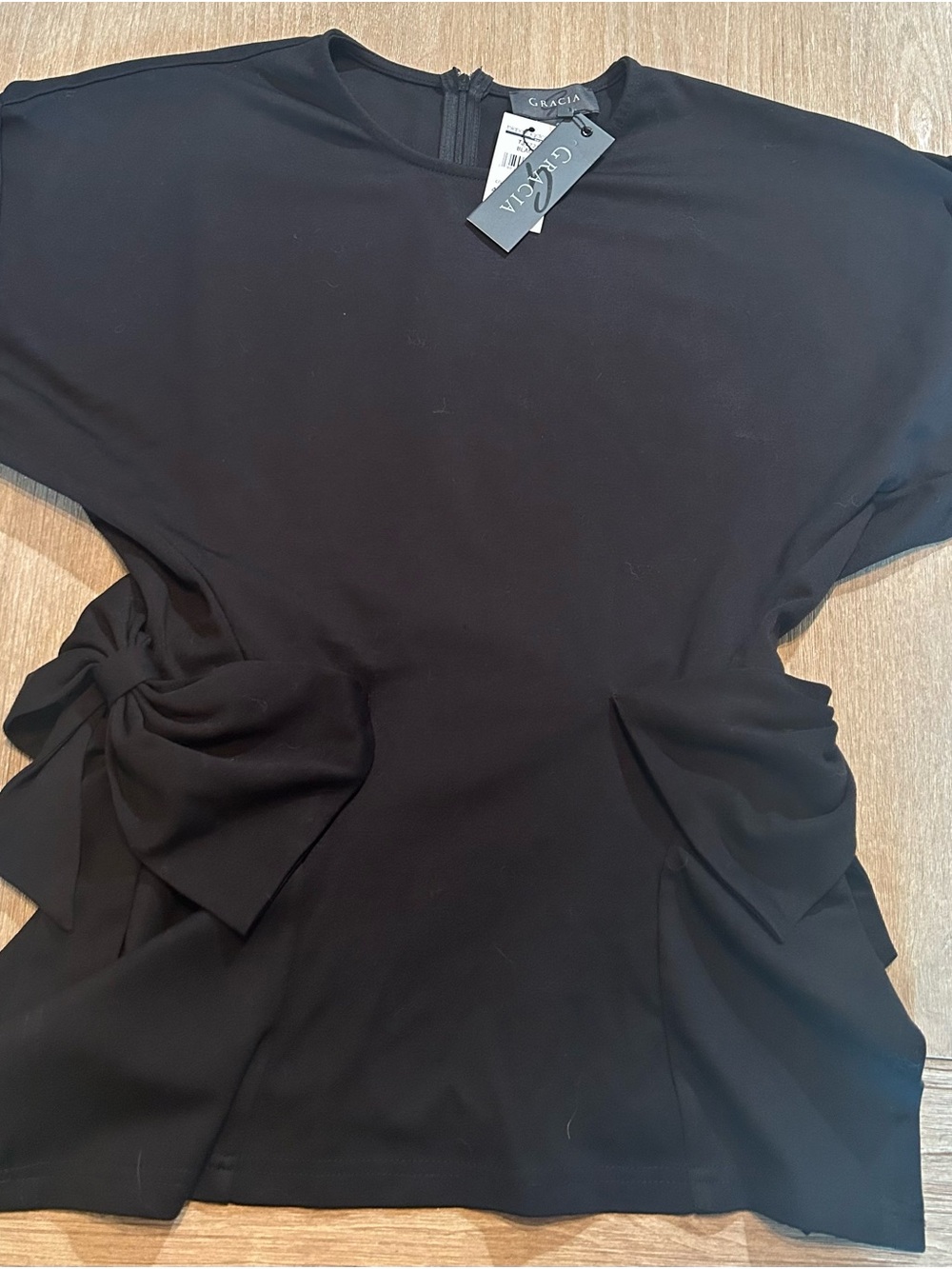 Gracia Black Short Sleeve Top with Side Tie Detail